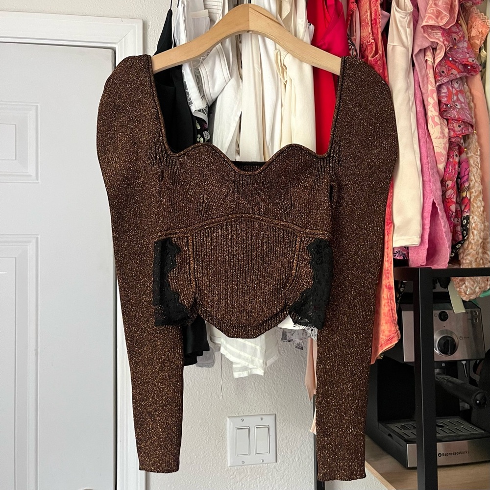 SELF-PORTRAIT brown gold glitter metallic rib knit‎ sweetheart lace scallop crop